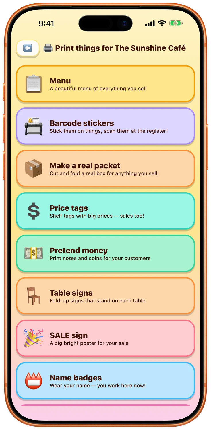 The print screen: barcode stickers, price tags, pretend money, SALE signs and receipts