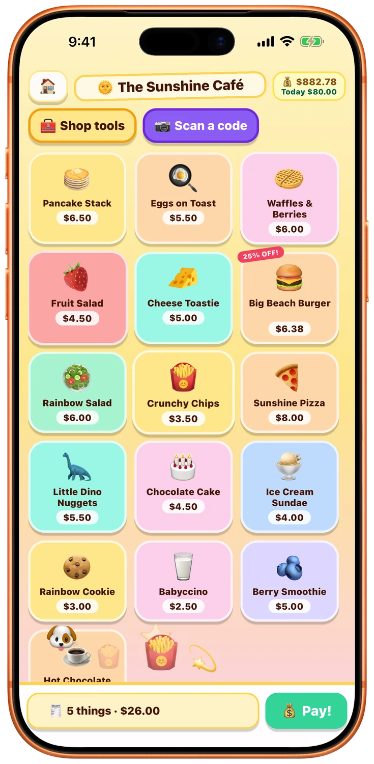 The My Little Shop register screen on an iPhone: a cafe full of colourful food with prices, and a Pay button